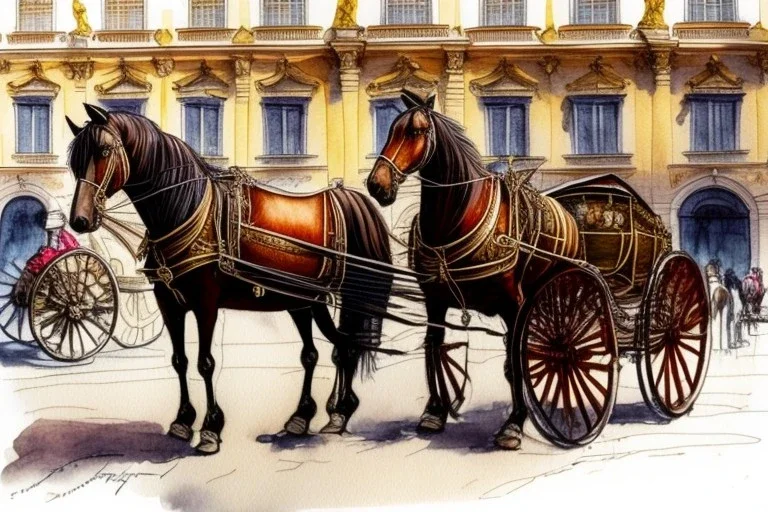 A fiacre landauer carriage with two lightbrown horses is standing in front of the Hofburg, Vienna. Aquarell