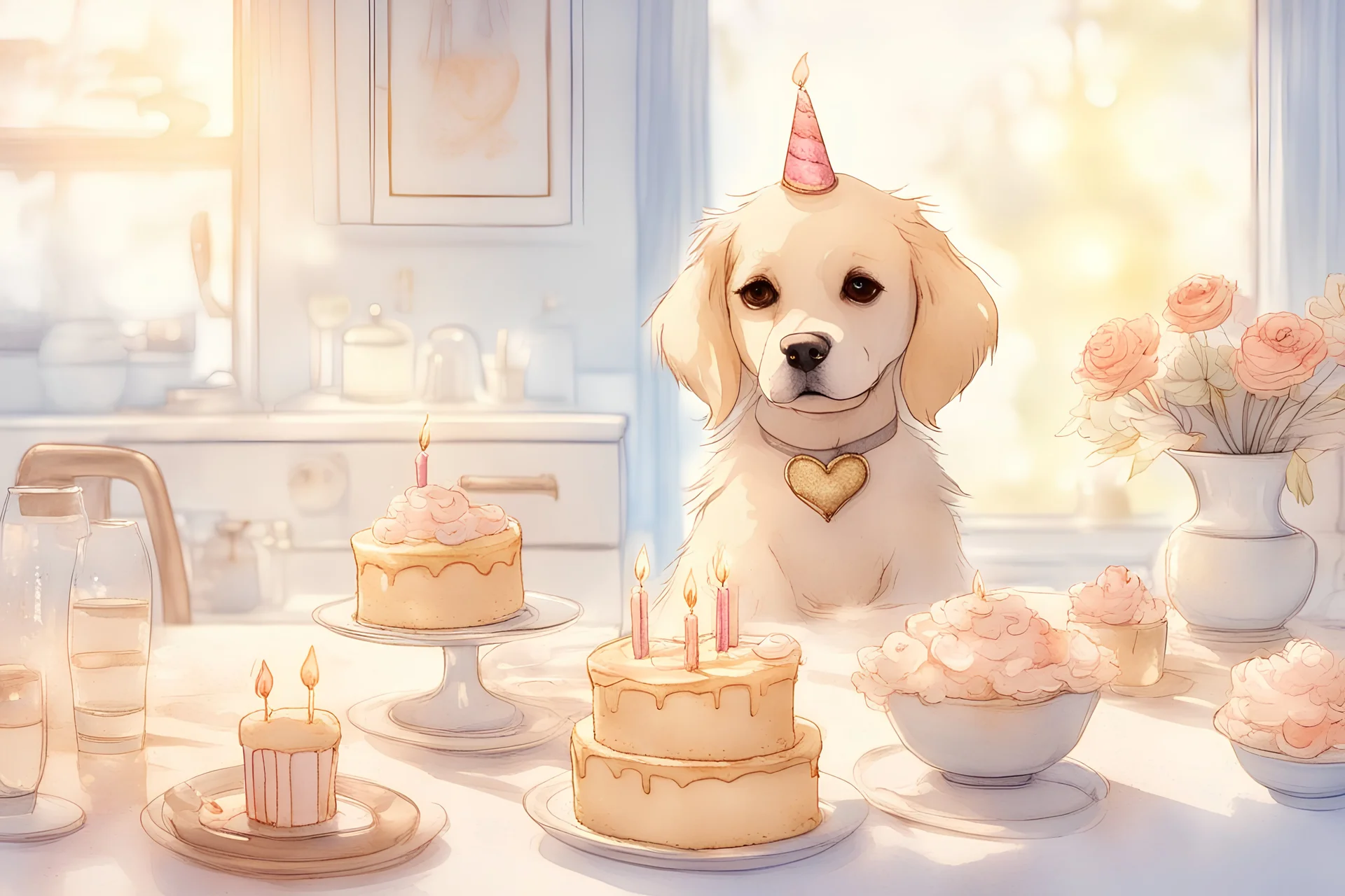 birthday cake, chibi dog in a beautiful kitchen, heart and love in the sunshine, watercolor and black ink outlines, sparkling golden glitter, ethereal, cinematic postprocessing, bokeh, dof