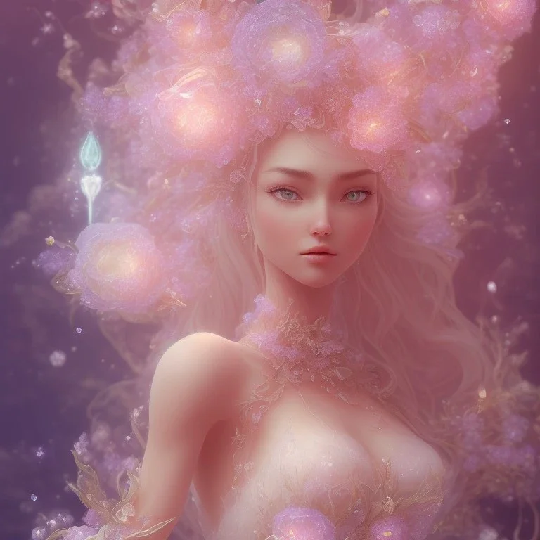 one big crystal subtle flower in a galactic ambiance with a beautiful girl fairy, transparent petals, delicate colors, in the foreground, full of details, smooth，soft, shine light atmosphere, light effect，vaporwave colorful, concept art, smooth, extremely sharp detail, finely tuned detail, ultra high 3d depth, definition,incrate detail, 8 k, unreal engine 5, ultra sharp focus