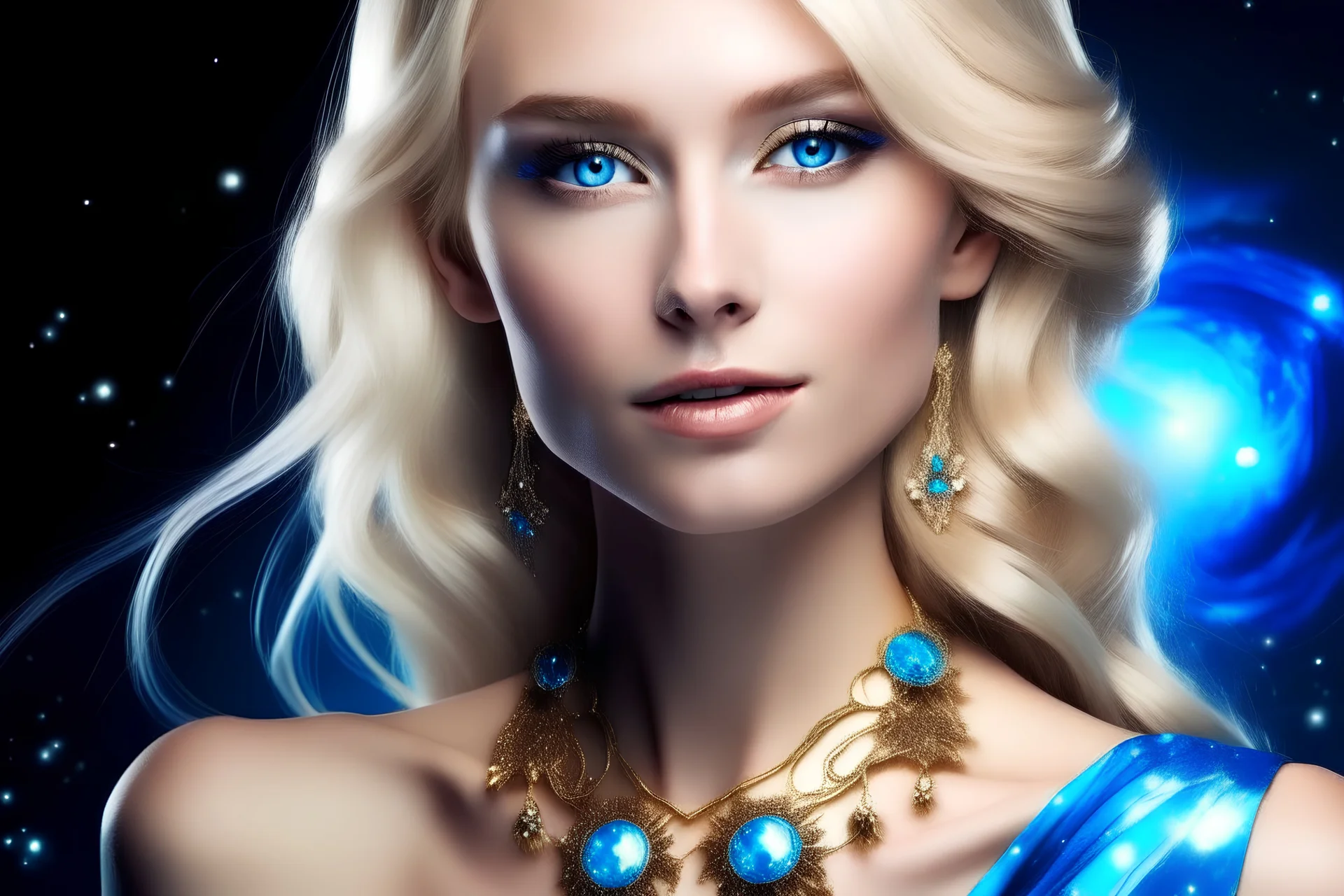 superbe femme galactique, blonde, top model, yeux bleus éclatants, vêtement de l'espace très chics et sophistiqués couleur or et blanc, fins bijoux, chevelure magnifique blonde, visage souriant