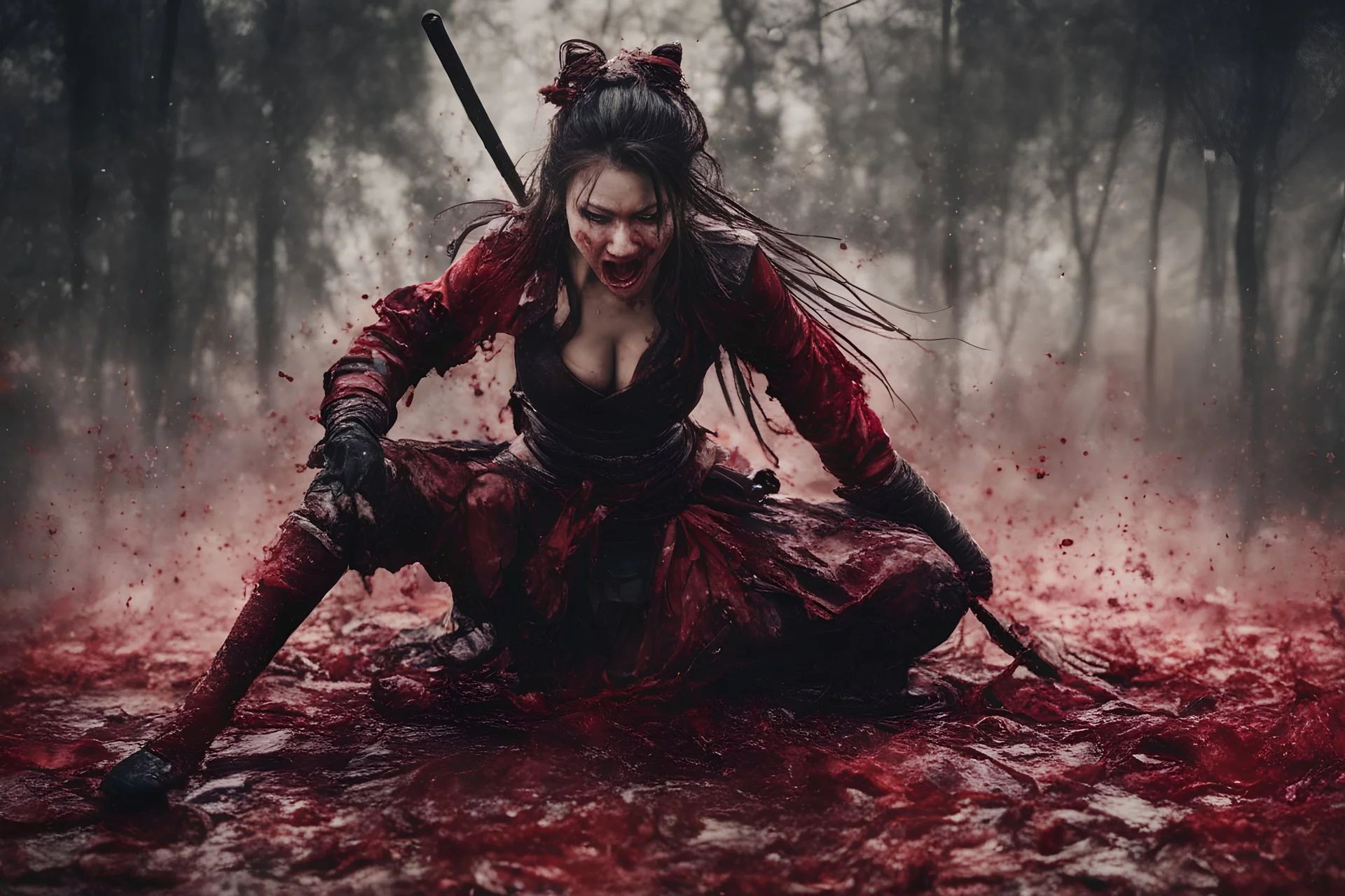 Tall girl samurai, face distorted with pain, screaming, tears streaming from eyes, siting pose, fullbody, splashes blood, behind guts rising from the ground, intricate, darkred tones, macro photography,