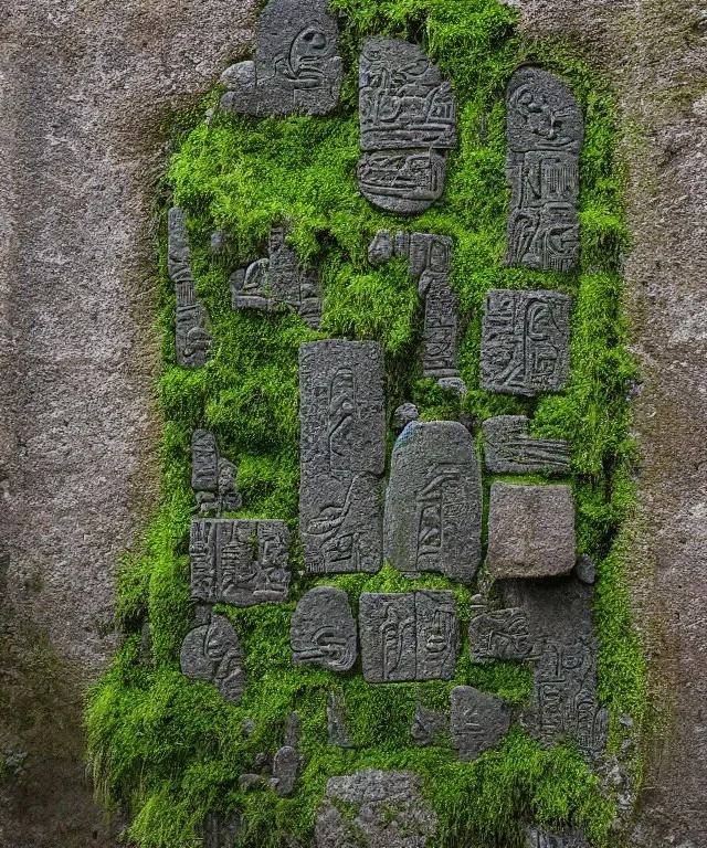 Ancient mossy ruin wall depicting hieroglyphs of futuristic technology behind a waterfall