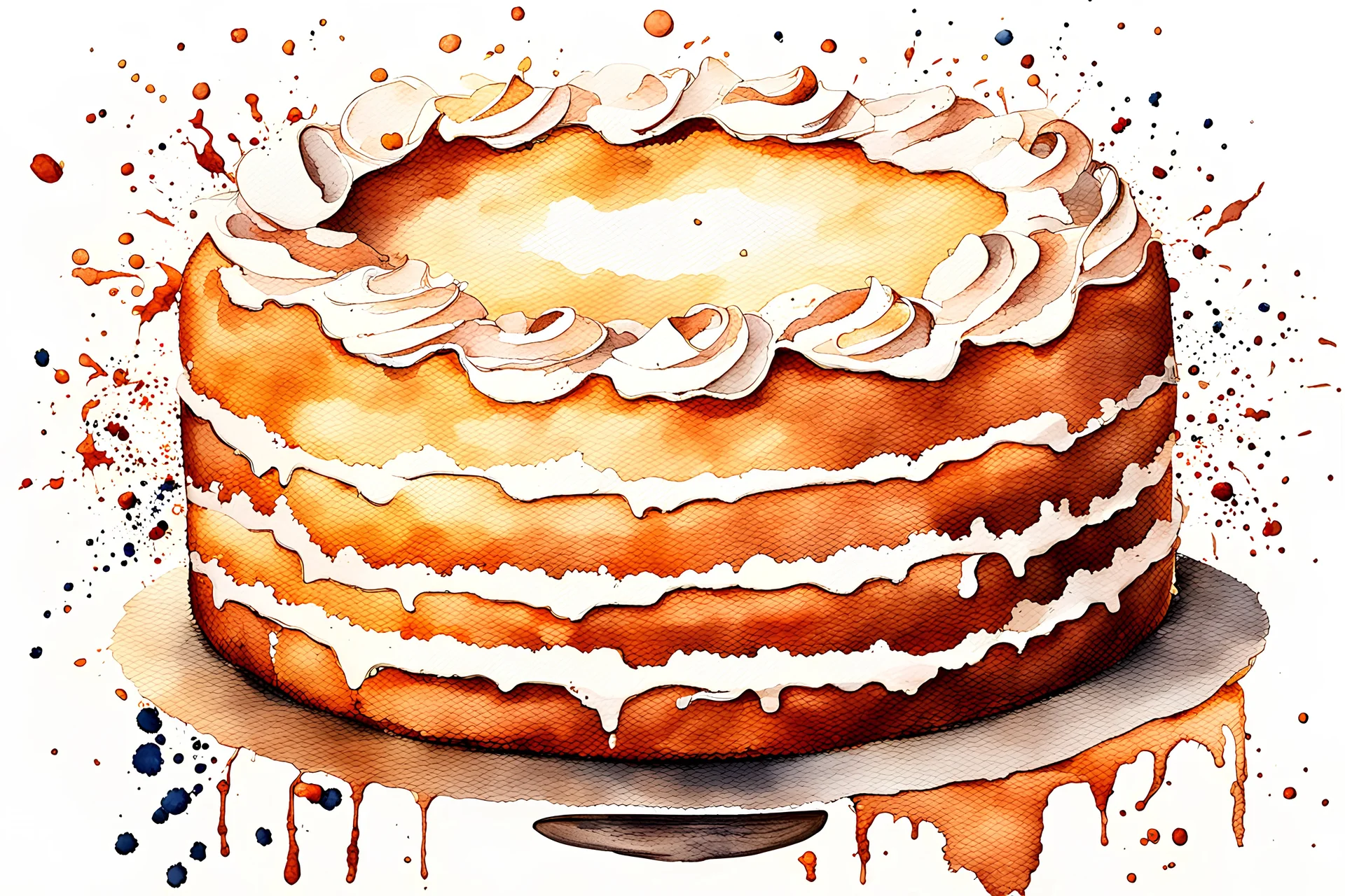 paint-splattered watercolor painting of a full round brown plain cake without icing or cream , no decoration on a bright white background