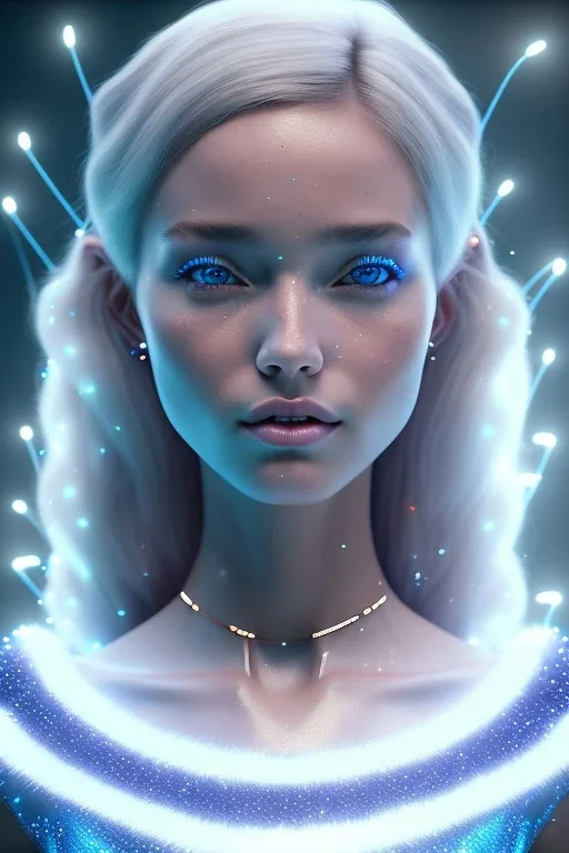 A beautiful portrait of a fairy smiling, facing camera blue color scheme, blue eyes, high key lighting, volumetric light high details with white stripes and lights unreal 5, octane render, cinema4d, dynamic lighting, dramatic lighting, 4k, redshift render, highly detailed, hyper realistic