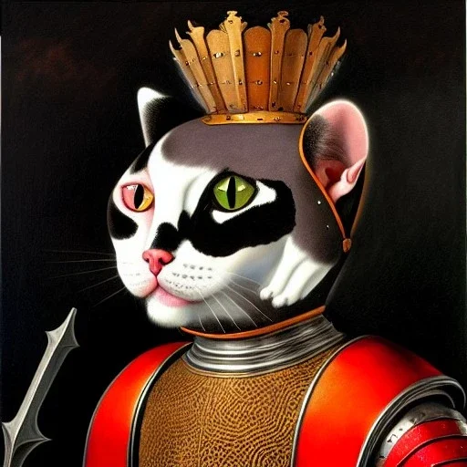 oil painting of a beautiful symmetrical cat with armor,with mustache, XV century, by El Bosco, Leonardo da Vinci, Goya 8k