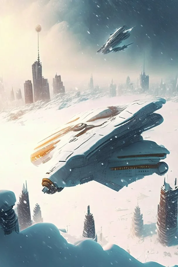 spaceship flying low over a snow-covered city