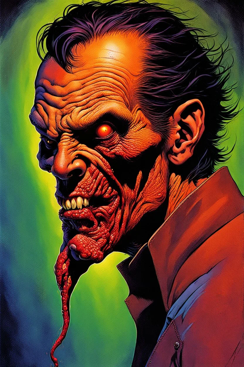 sex, job and madness. horror style. Color. no text. closed mouth. concept art, mid shot, intricately detailed, color depth, dramatic, 2/3 face angle, side light, colorful background. Painted by Michael Whelan.