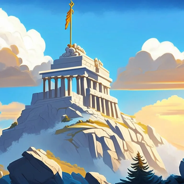 mount olympus from the greek mythology. High up in the mountains. Illustration. Cloudy. Sun behind the temple of ZEUZ.