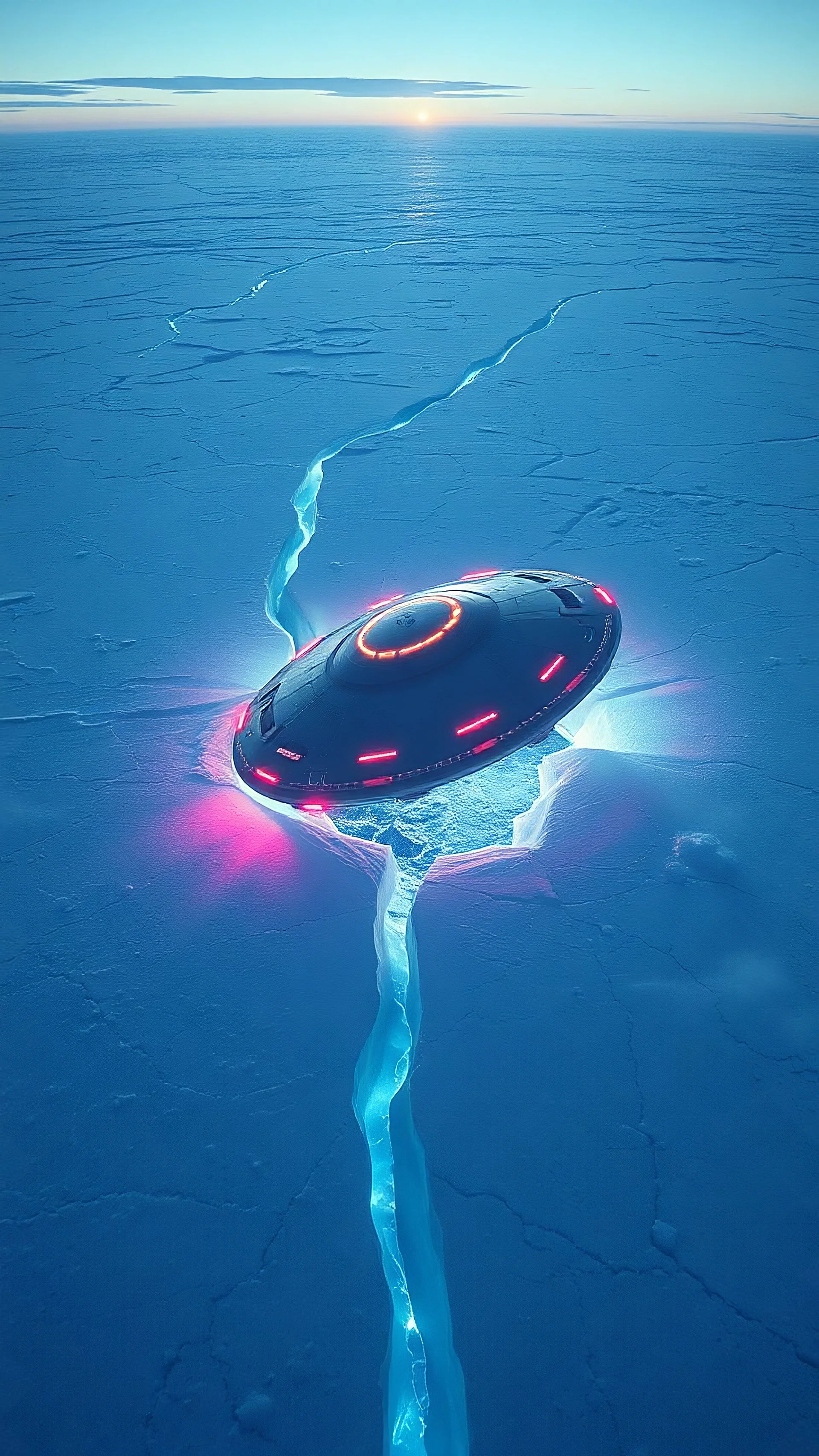 A ufo starship crashed in an ice cracks aerial view of a landscape made of ice that looks futuristic with futuristic lighting, horizon, realistic rendering