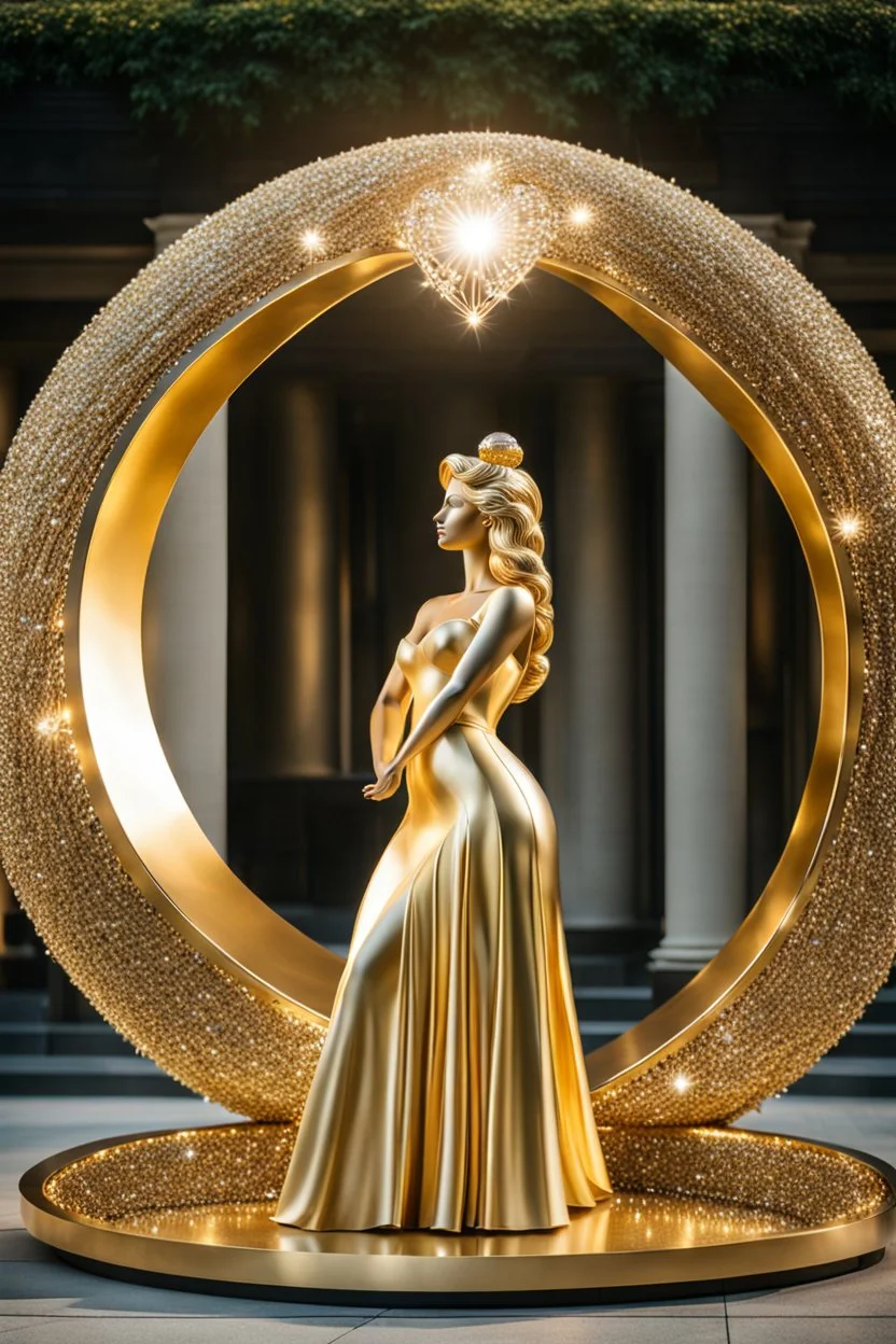 A magnificent golden and silver heart-shaped sign adorned with a stunning golden sphere encrusted with sparkling diamond clusters at its center, elegantly spinning in position,a girl statue standing pose