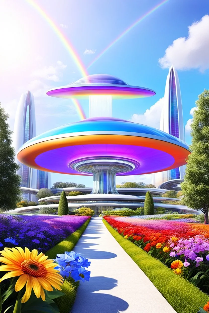 colors, very beautiful, ,flowers, garden,rainbow, cité futuriste ultra moderne, ufos