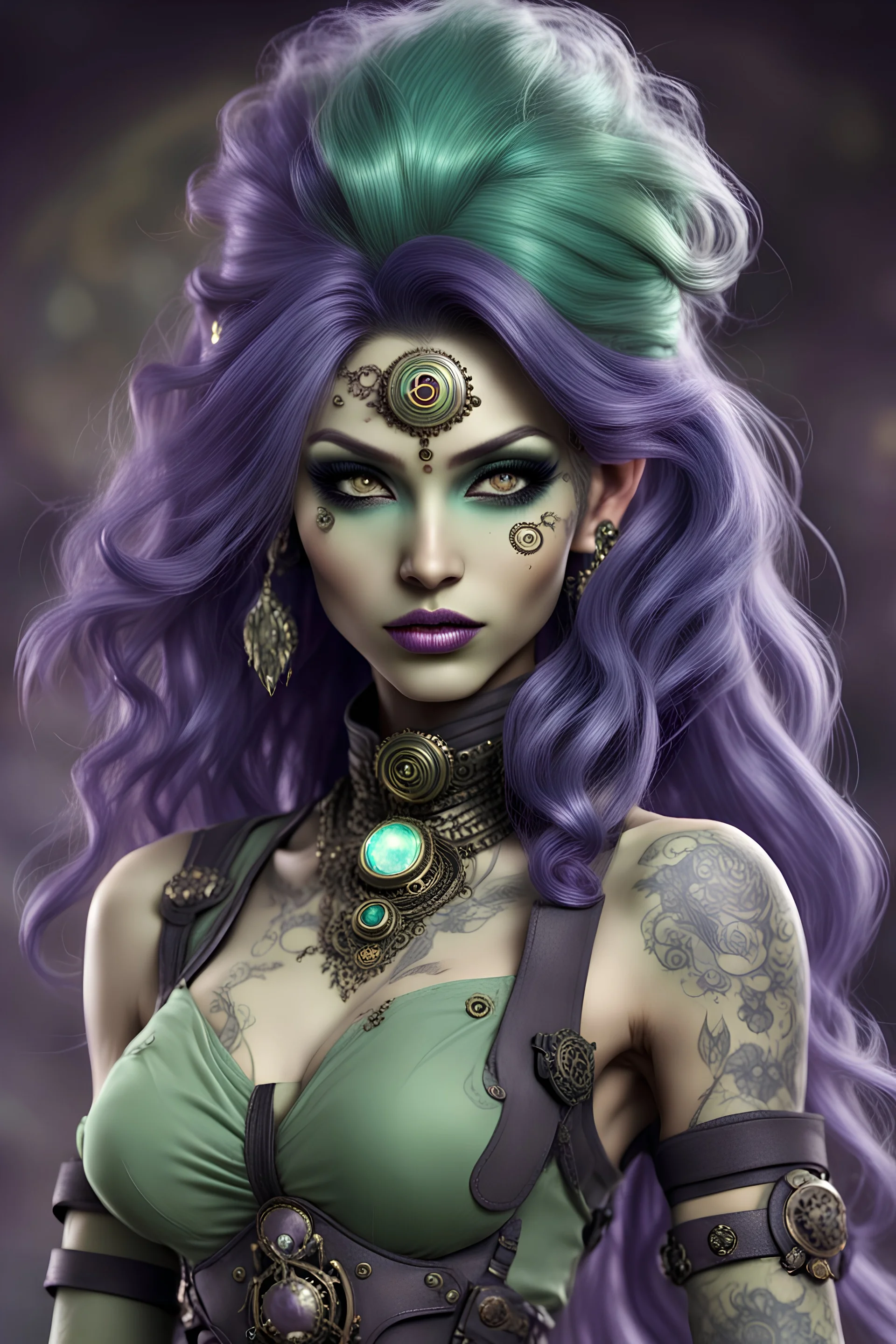 flawless, detail, young, perky, busty, female humanoid githyanki. pale green body skin, big dark purple flowing hair, large dark black eyes, a few facial tatoos, pointed ears, dressed in steampunk garb