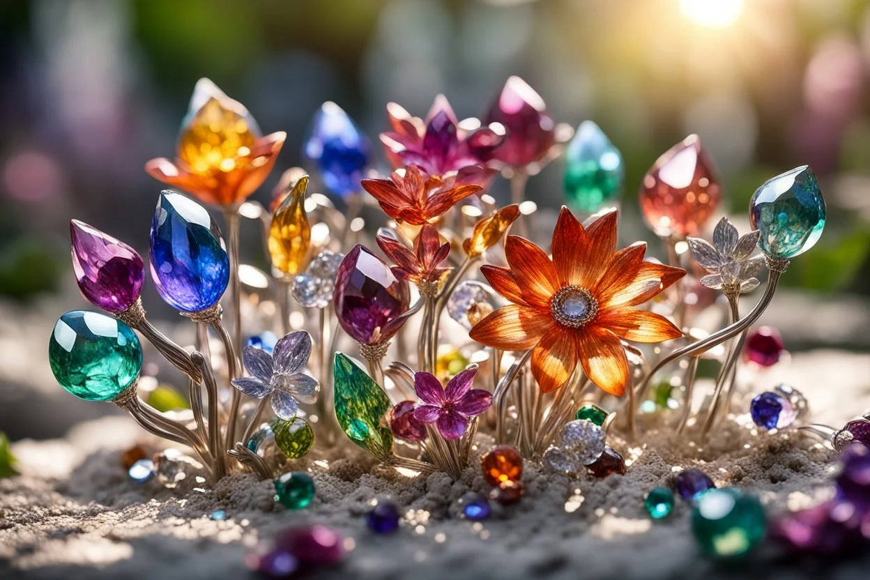 Coloured glass flower garden set with gemstones, glittering metal stems and gemstone leaves sharp focus elegant extremely detailed intricate very attractive beautiful dynamic lighting fantastic view crisp quality exquisite detail gems and jewels S<AI in sunshine Weight:1 Professional photography, bokeh, natural lighting, canon lens, shot on dslr 64 megapixels sharp focus Weight:0.9