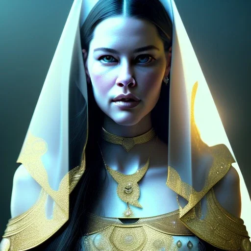 Epic Drawing of a Photorealistic dramatic hyperrealistic Liv Tyler,Crystal blue eyes arab ameera al taweel with black hair, white veil, elegant, by WLOP,Artgerm,Greg Rutkowski,Alphonse Mucha, Beautiful dynamic,shadows,Artstation,concept design art,Octane render,8K