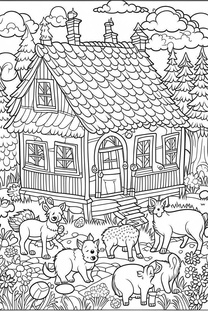 A cute cozy woodland cabin surrounded by peaceful animals, Coloring page for kids, cartoon style, thick outline, low details, no shading, no color