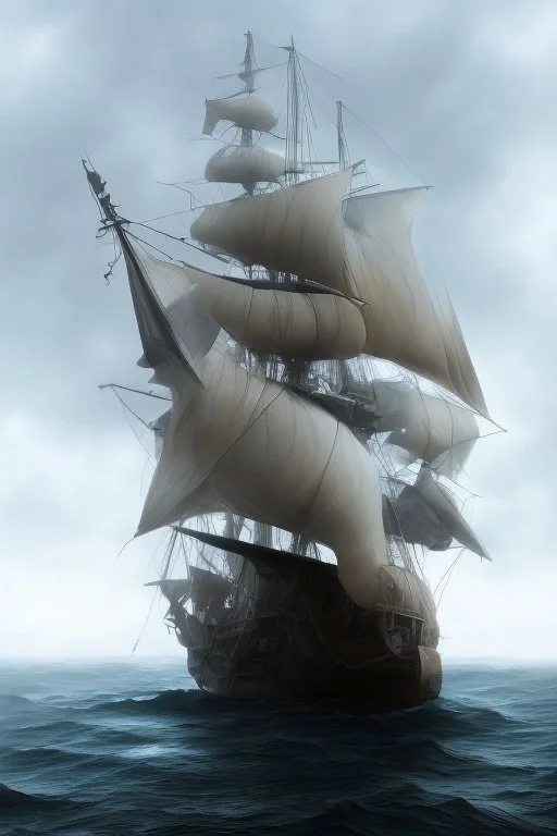 front view of a ship with a spider figurehead in stormy weather