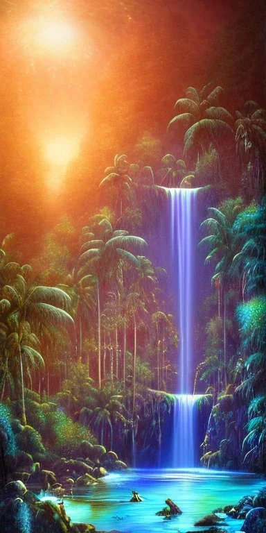 Triipy rainbow turquoise neon waterfall with palm trees sparkling at night in a cave detailed realistic glowing with noise