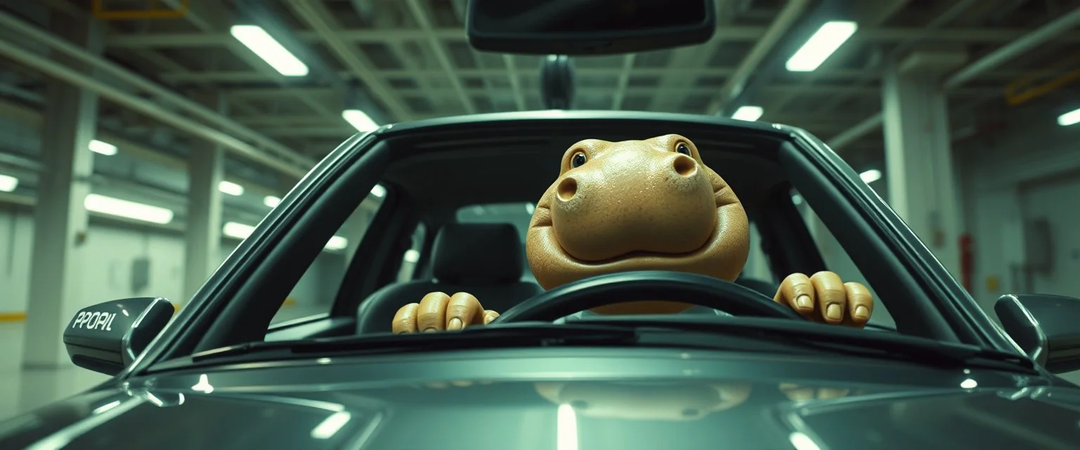car driving happy 2d anime fluffy alien hippo man in the style of Escher and Giger and Fallout 4, pinhole cam, airbrush 3d rendering, on tv screen:A five-second cinematic single take in a clean industrial presentation hall.