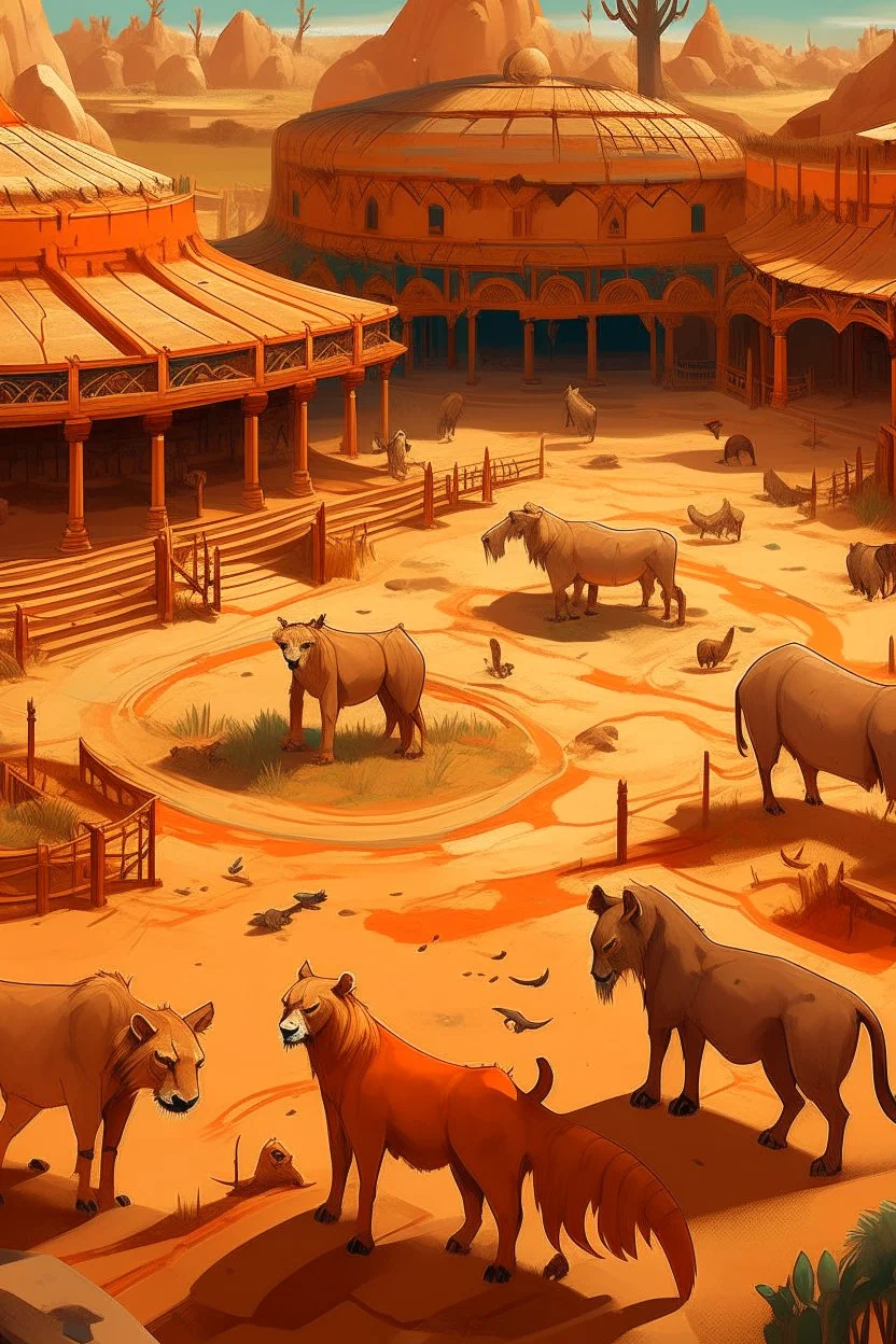 A tannish orange colored arena grounds with animals painted by Zosan