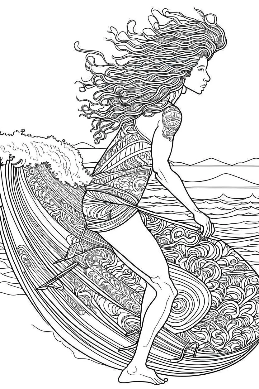 Outline art for coloring page OF THE BACKSIDE OF A HAWAIIAN SURFER WITH BIG CURLY KINKY HAIR WEARING SHORTS RIDING A SURFBOARD ON A WAVE, coloring page, white background, Sketch style, only use outline, clean line art, white background, no shadows, no shading, no color, clear