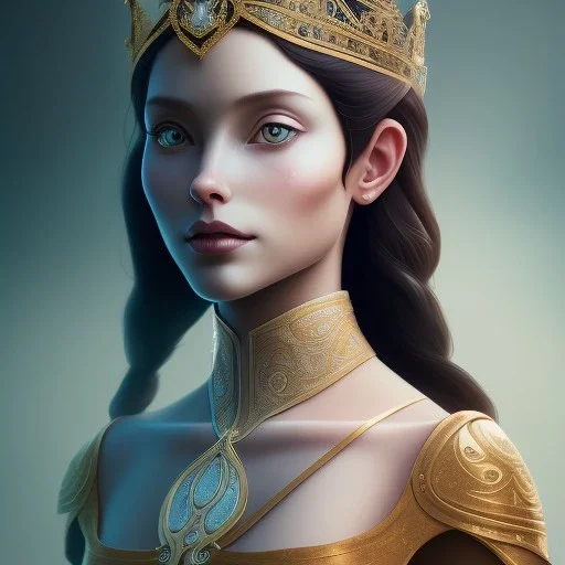 Portrait of Guinevere with crown and mid-12th century elegant apparel.extremely detailed face,crystal clear Big eyes,perfectly centered image,intricate detail.Diseney style, korra character style.and Kilian Eng art color