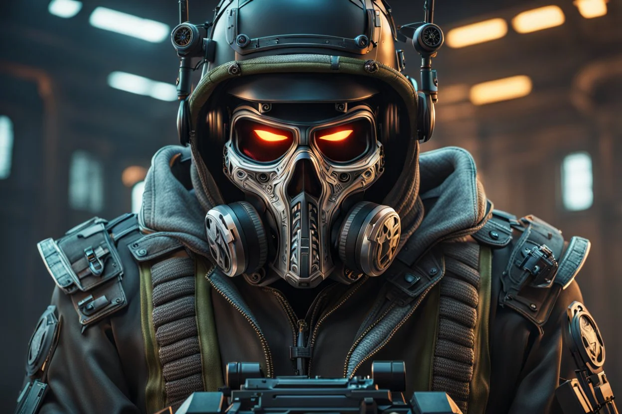 Ghost with skull mask and Body parts mechanism in 8k realistic cgi drawing style, call of duty them, close picture, neon, intricate details, highly detailed, high details, detailed portrait, masterpiece,ultra detailed, ultra quality