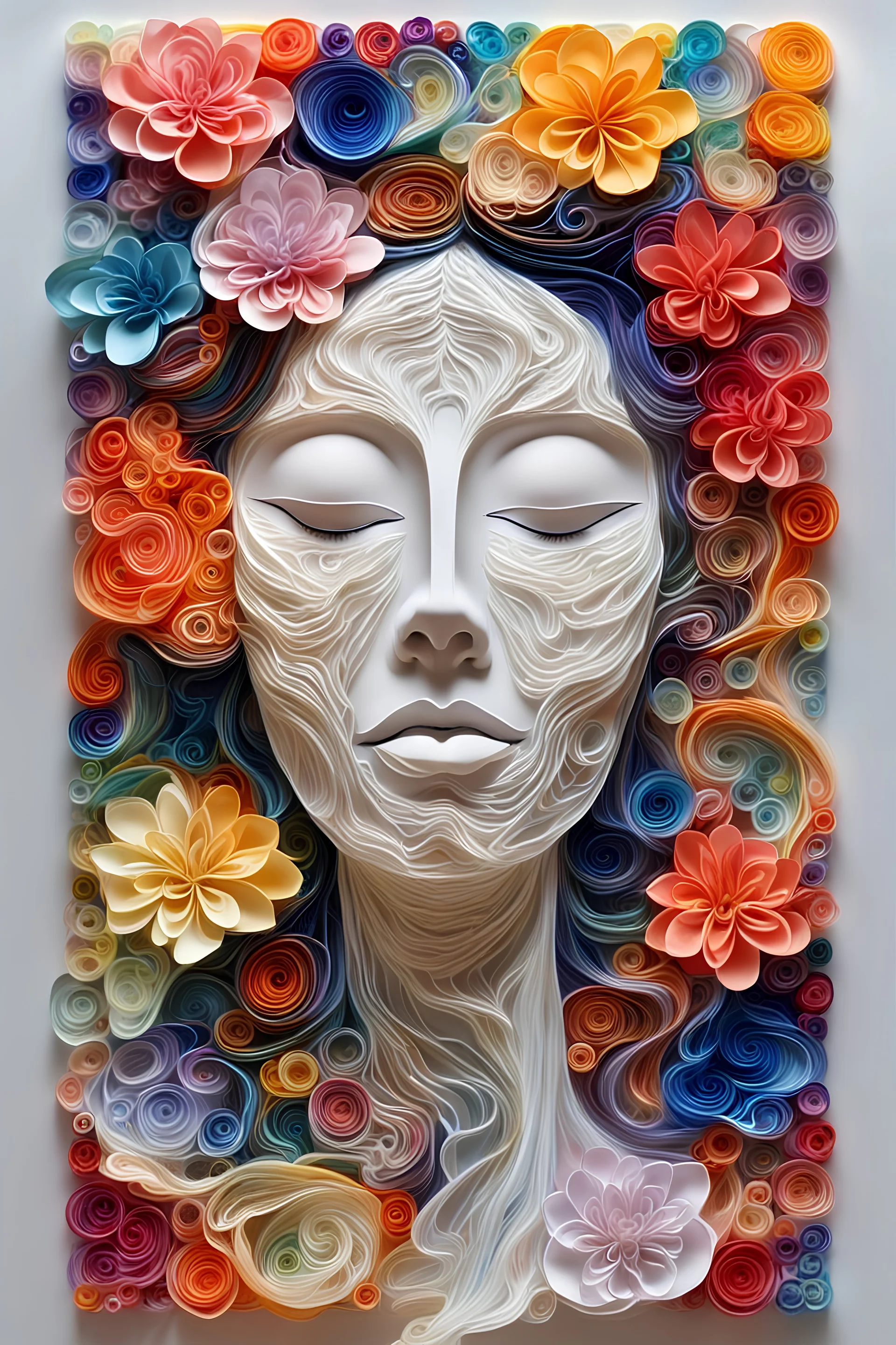 @hg74kczz4mqj Prompt Superstring god, quantum deity, interdimensional beauty. human face looking down, eyes closed looking down, face only, frontal facing, profile, intricate origami flowers, detailed quilling paper, translucent plastic wrap. mixed media impressionism, fine arts and crafts, intricate embroidery, rococo spirtualism