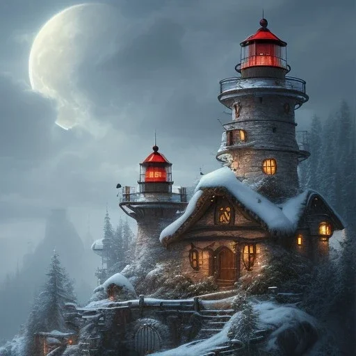 Create and share your most memorable and visually striking robot characters, inspired by the unique personalities and abilities of robots.8k resolution beautiful cozy inviting Hobbit-House Lighthouse steampunk digital illustration matte painting.