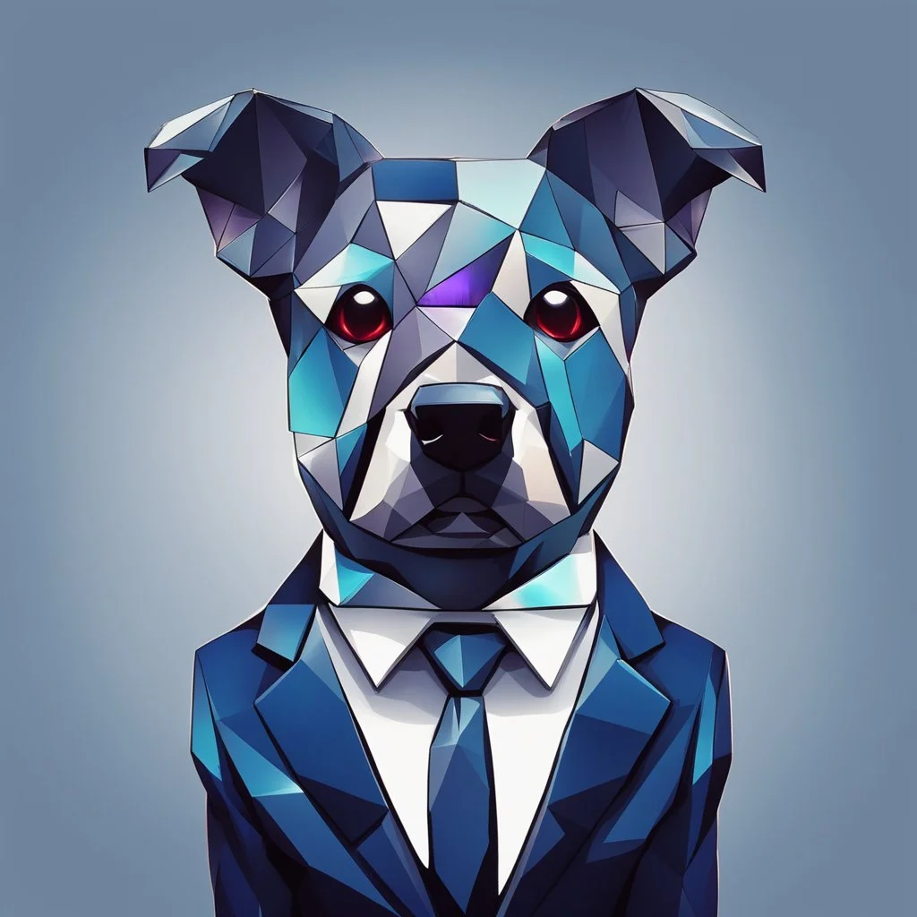 make one realistic business dog that is made of shapes and has a suit on looks a very little like crystals lowest 2048 x 1152 pixels and highest 6 MB need to be a alpha