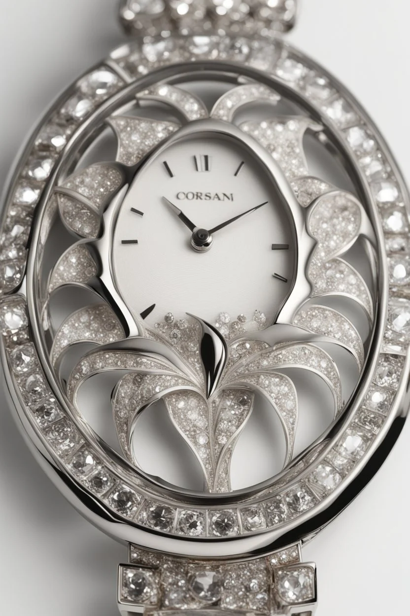 White gold engraved wristwatch containing white crystal jewels in the shape of a lily White background