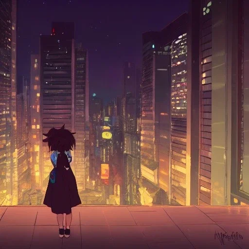 A girl, makoto shinkai style, anime, japan animation’s background, 80mm camera lens, wide angle, night view, city, building, edge, high detail