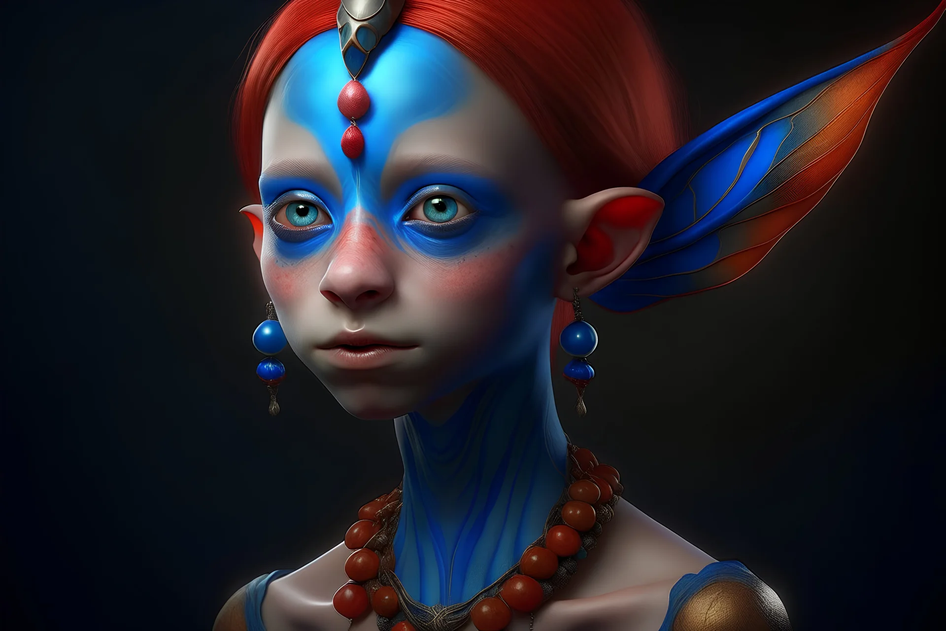 { mature woman, young man, little girl } with { red, blue, amber} skin looks like an alien, long neck, ear like bat wings, big eyes, beautiful, little hair, royal with jewlery, photorealistic, elongated head, skin decorations --v 6