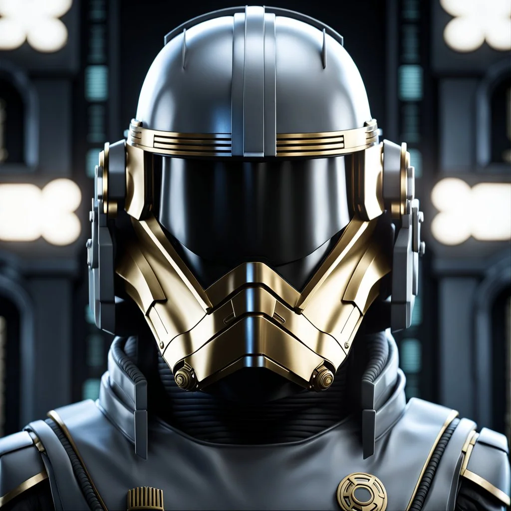 star wars bald male corellian pilot wearing pearlescent black and gunmetal grey First Order special forces heavy assault armor and helmet with gold trim inside the jedi temple, centered portrait, hyperdetailed, dynamic lighting, hyperdetailed background, 8k resolution, volumetric lighting, light skin, fully symmetric details