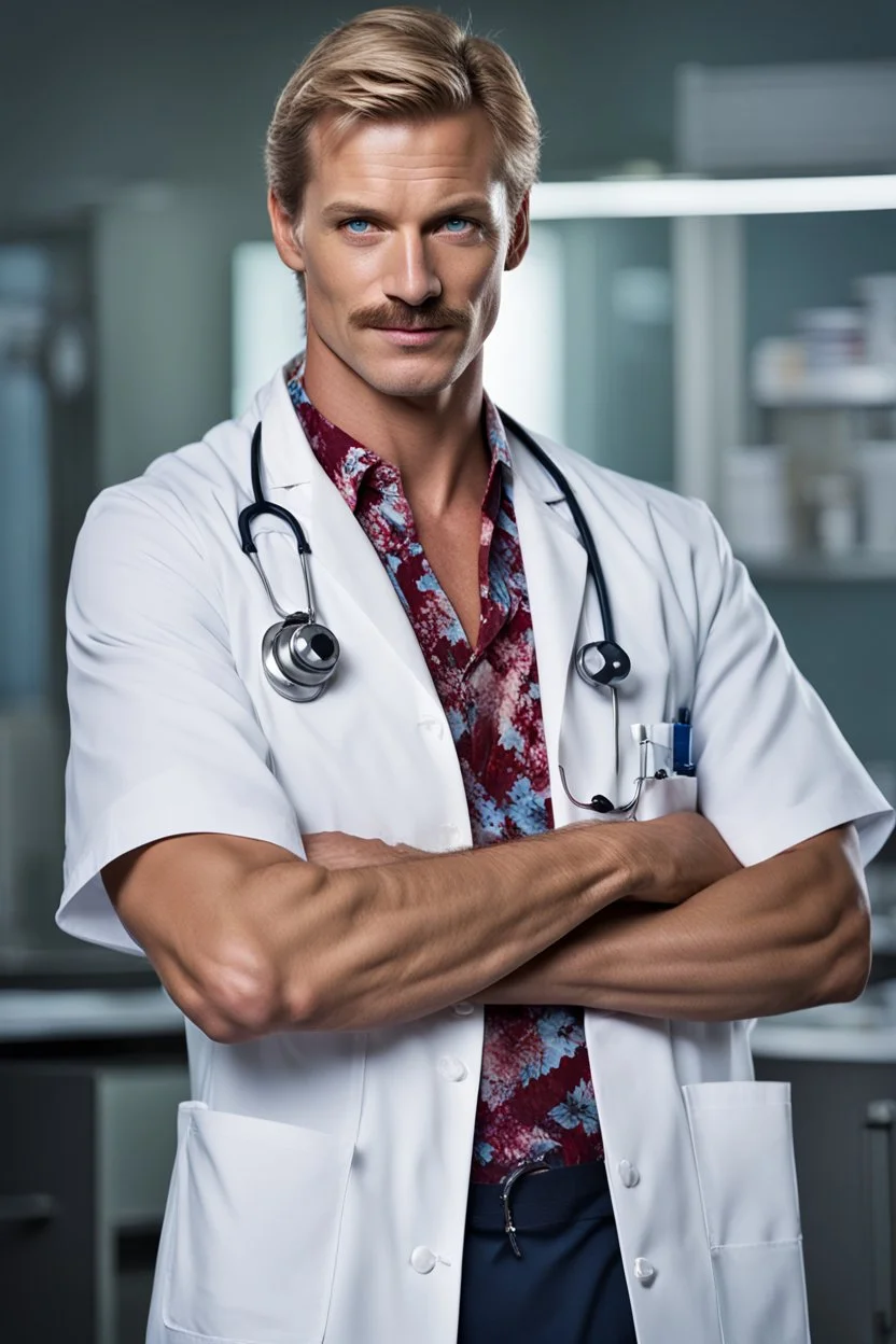 Mid-thirties, Caucasian male doctor, kind smile, blonde hair (slightly disheveled) thick blonde mustache, pale blue eyes, broad shoulders, muscular, six foot, Hawaiian shirt under white lab coat with bloodstains at the edges. Strong Jaw line, surrounded by shadows, photo realistic