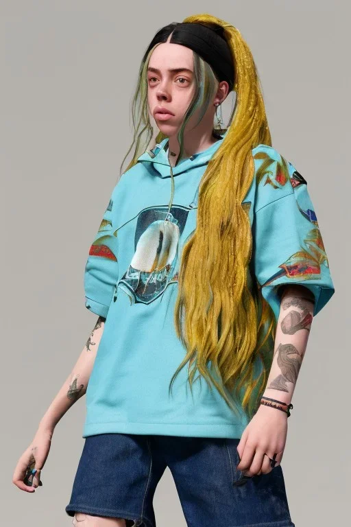 Billie Eilish, in shorts, photorealistic, 8k