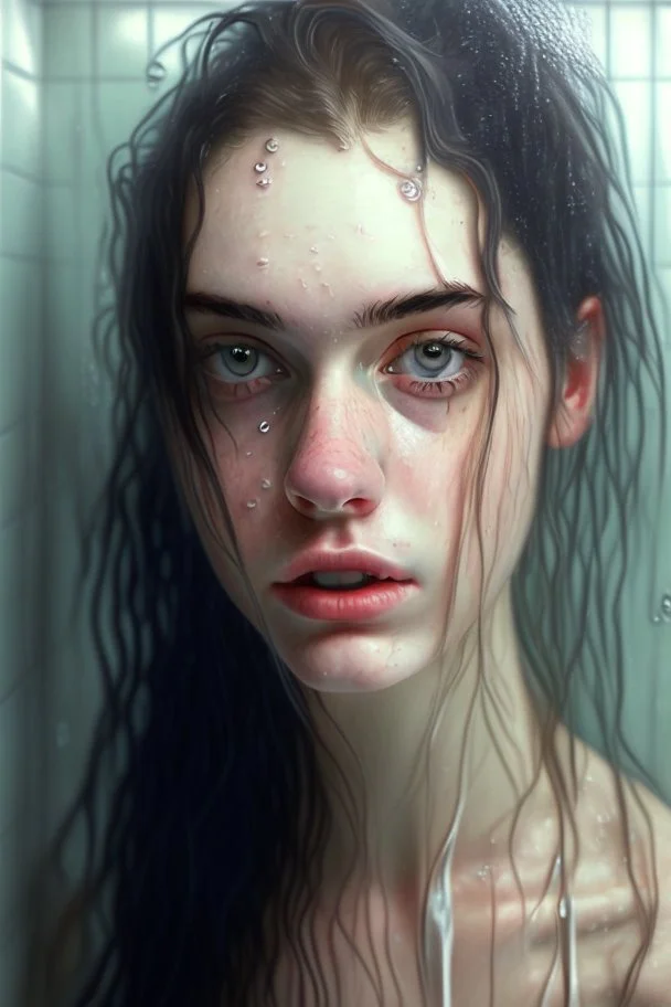 sultry college student, eye-contact, portrait, pale skin, photo-realistic, sultry, wet hair, in the shower