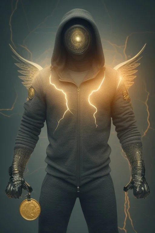 running berserker portrait , no face, black jogging suite , in the night Alps , holding coins , angels background, volumetric gold light, high detail, dark leaf tree, dark mountains in background, perfect, HR Giger style , cyberpunk light