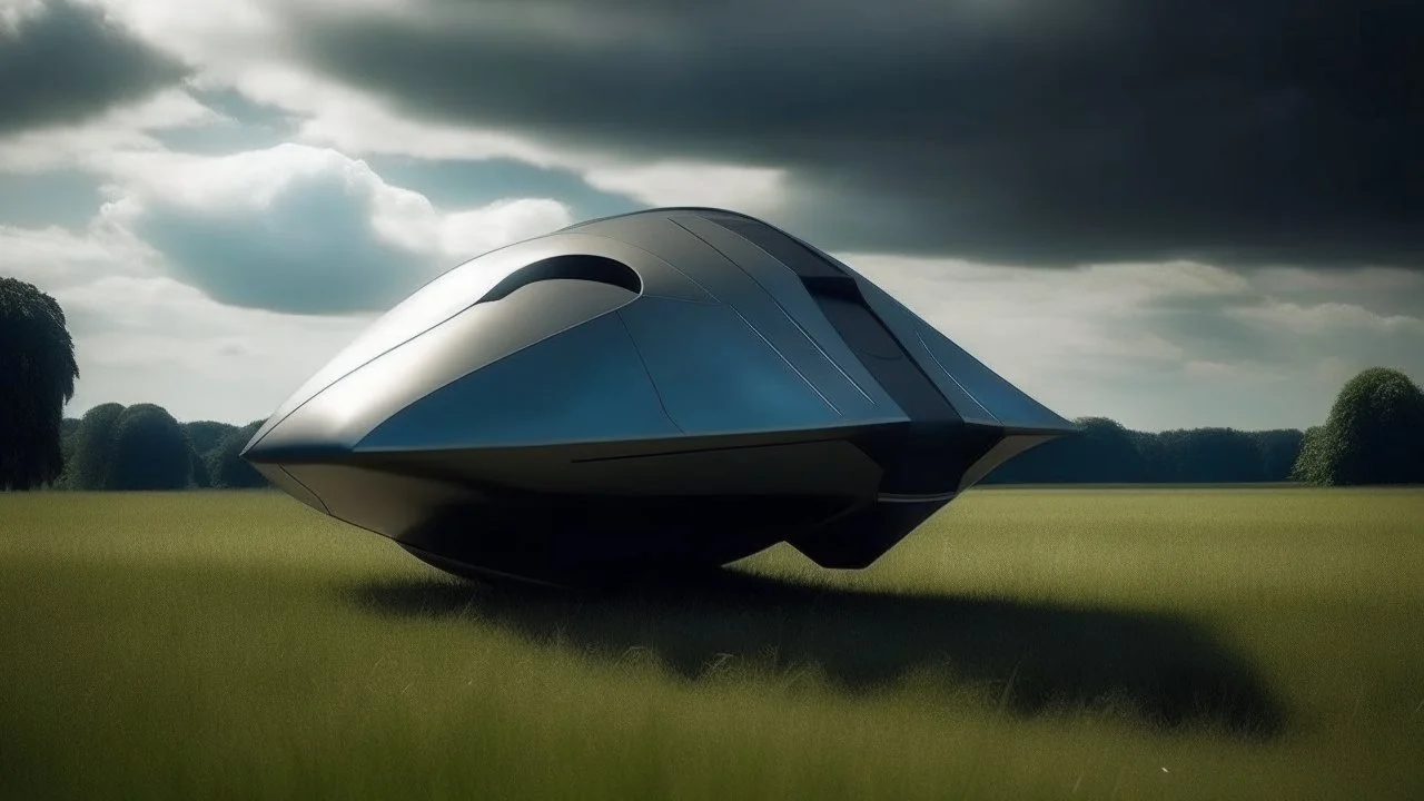 small, sleek, squat, cargo spaceship shaped like a manta ray, sitting in a field