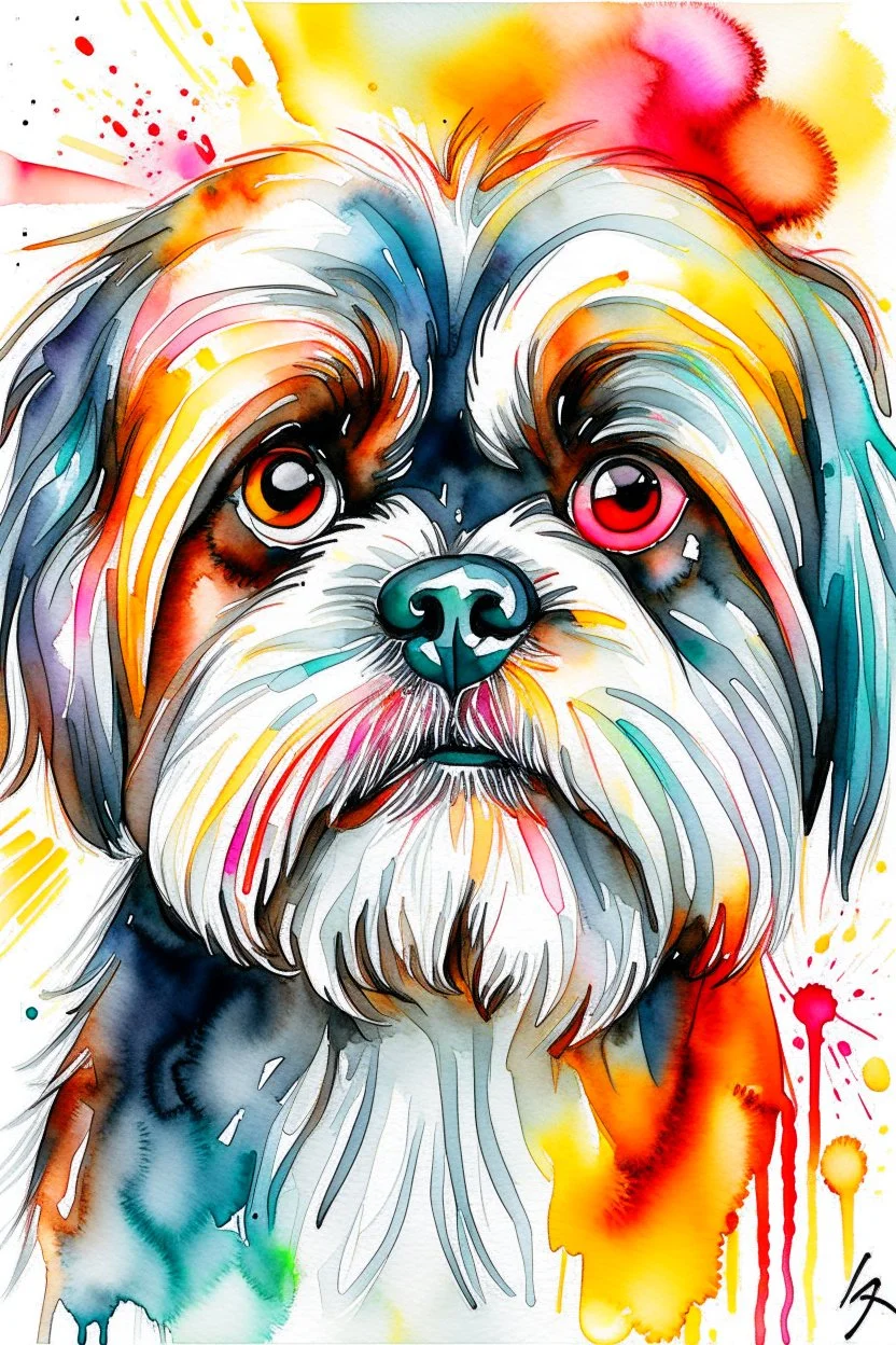 Abstract wet watercolour of a Shih tzu ink lines, interlinked circles,detailed focus on eyes