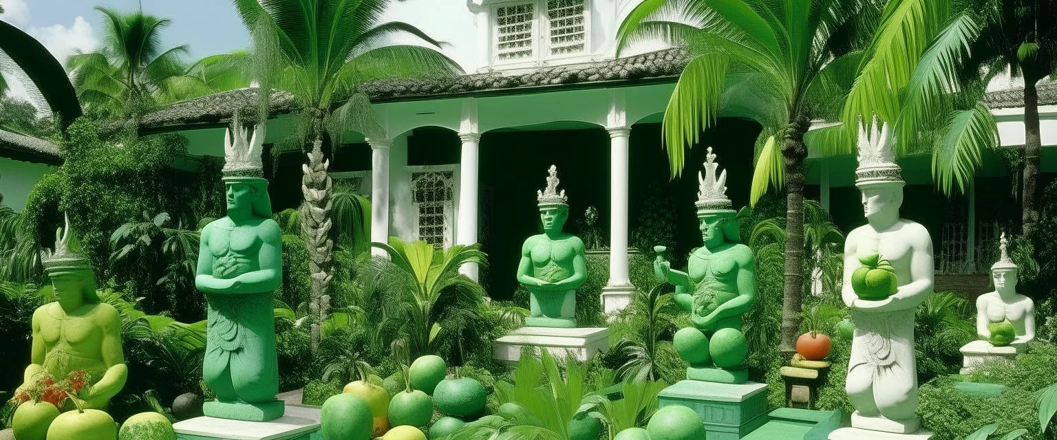 A green and white resort with fruit designed in Hawaiian tiki statues painted by Maurice Utrillo