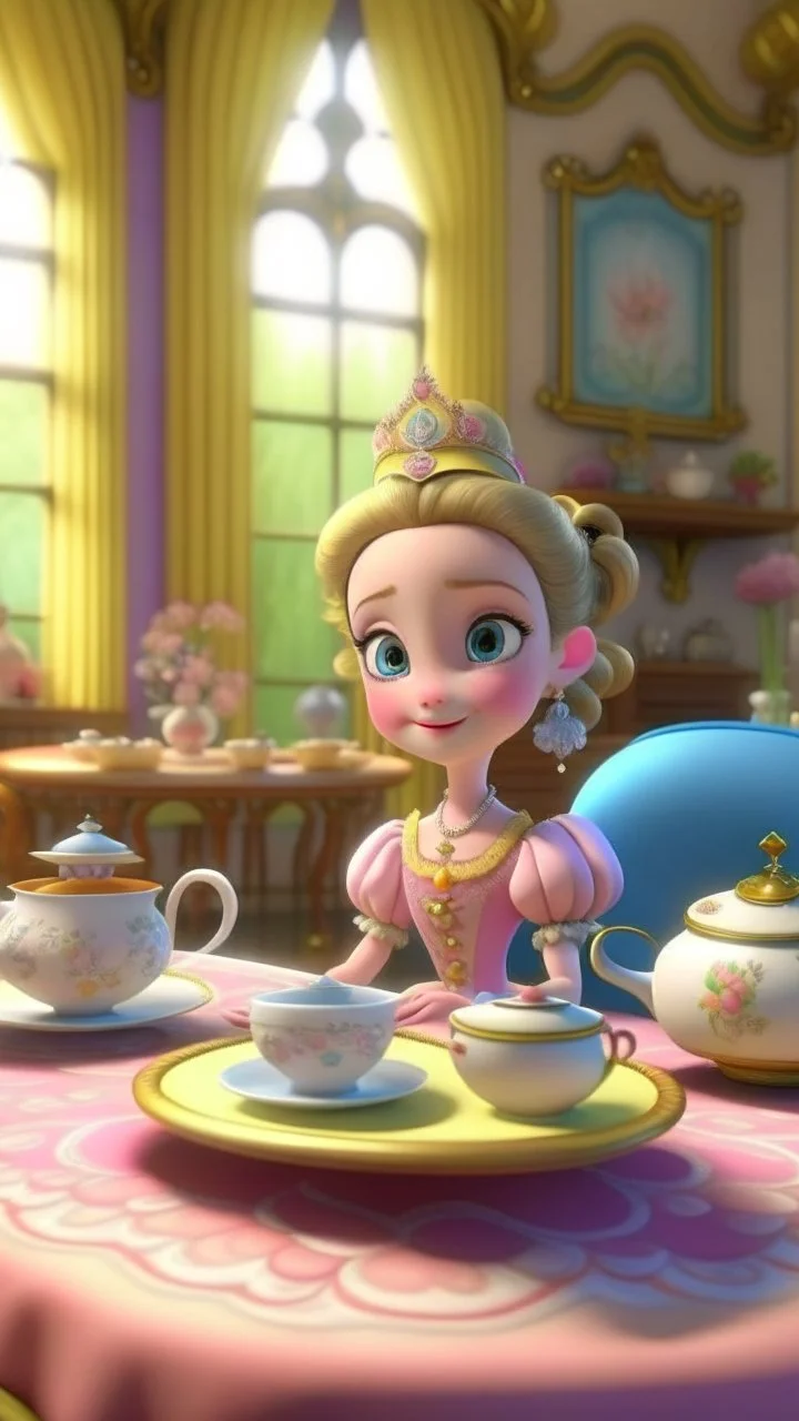 Princess Penelope's desire to host a magical tea party, cartoon,3D