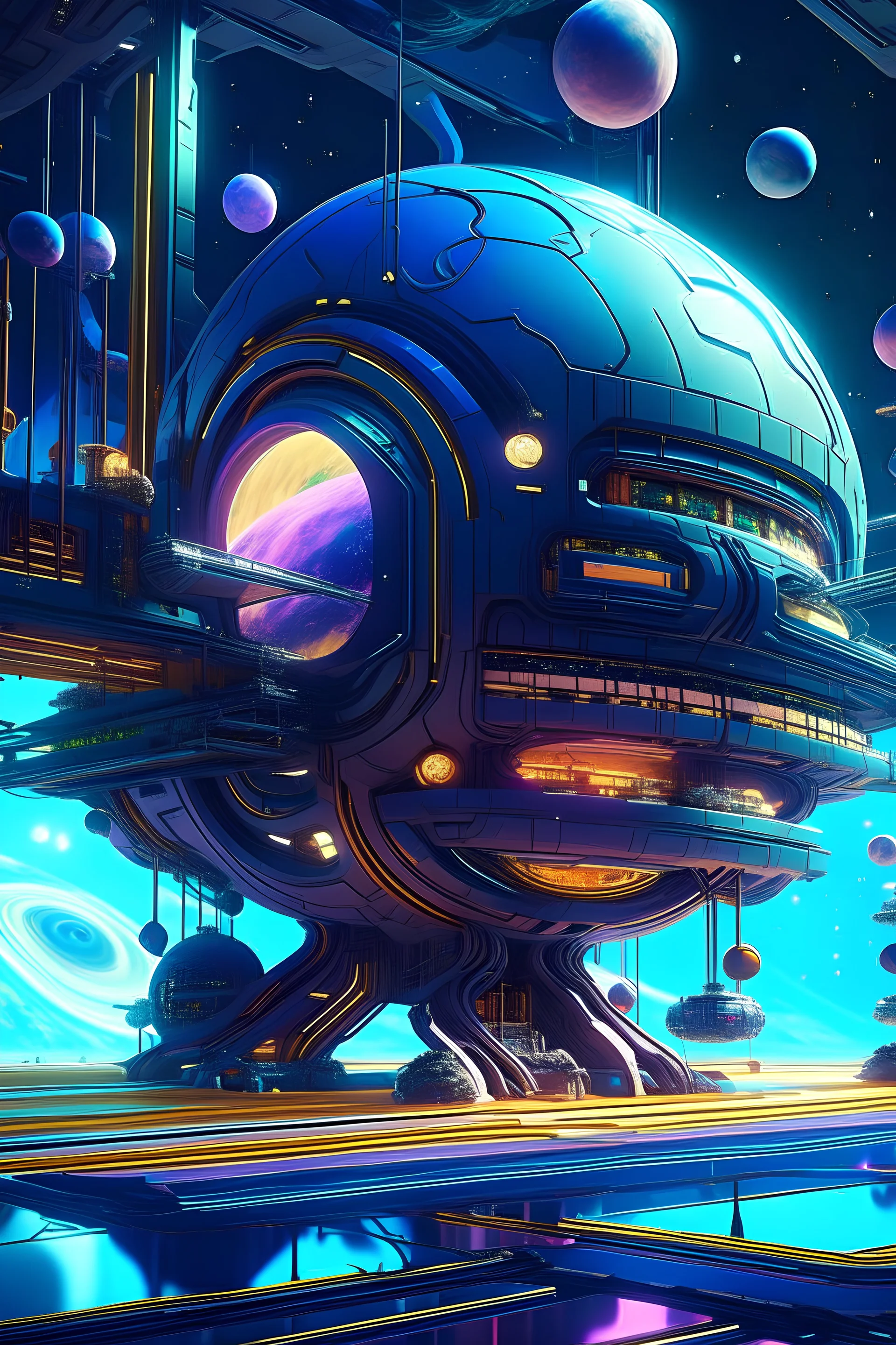 a futuristic space station with planets in the background, inspired by Mike Winkelmann, retrofuturism, colorful flat surreal design, cartoon fantasy spaceship, a beautiful artwork illustration, colorful retrofutur, ultra detailed illustration, futuristic house, retro-futuristic, spaceship night, 70s retro sci-fi, higher detailed illustrationdigital ilustration, melted cyborg, artwork