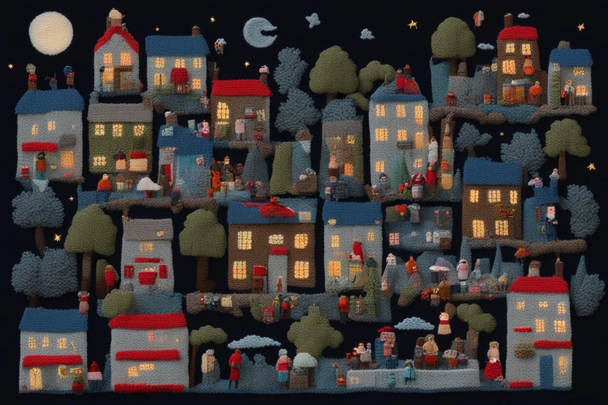 knitted city, trees, animals, peope, shops at night in moonlight