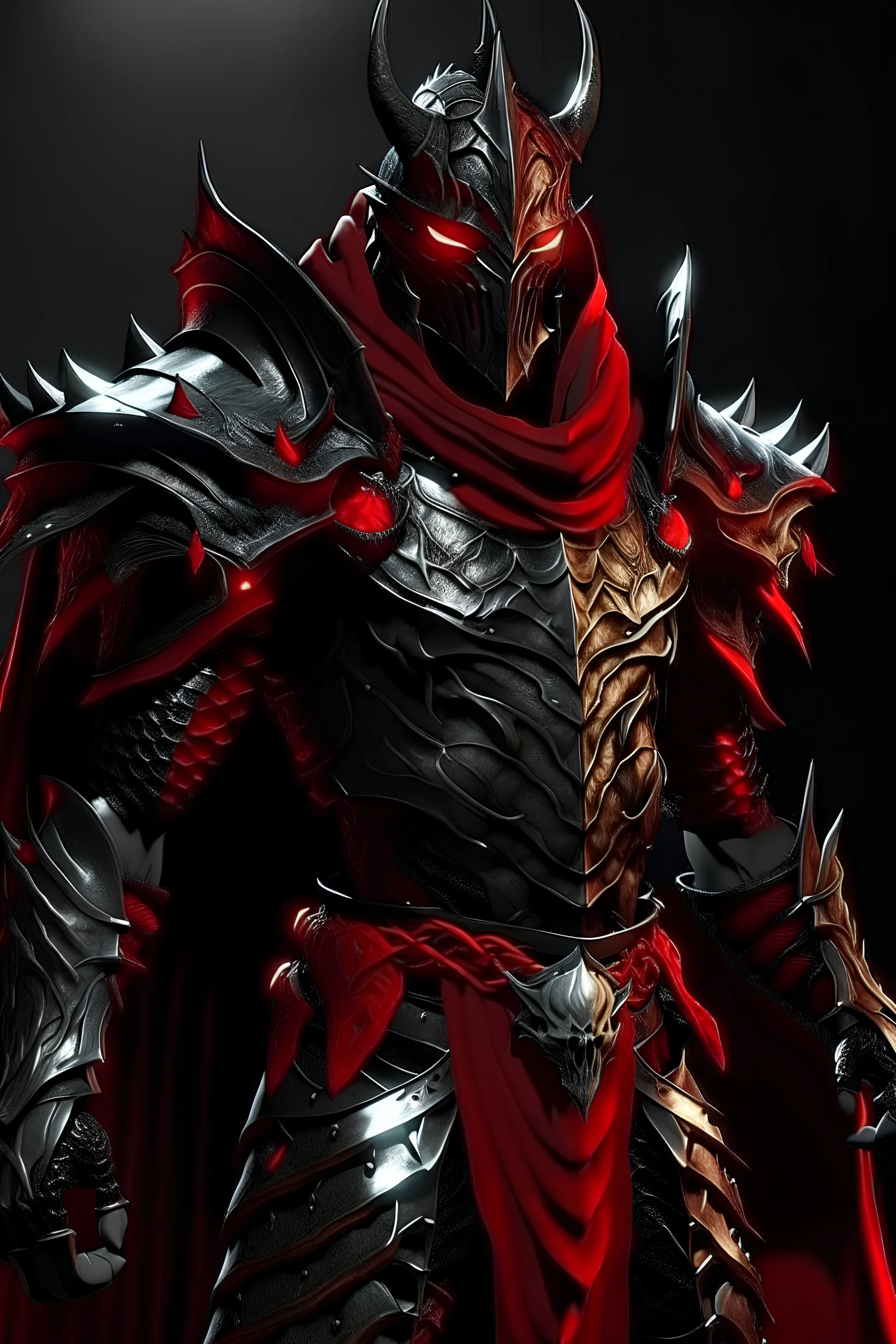 Silver and red fantasy demon armour, with a red cape, with black and red spikes coming out the back and arms, glowing red eyes
