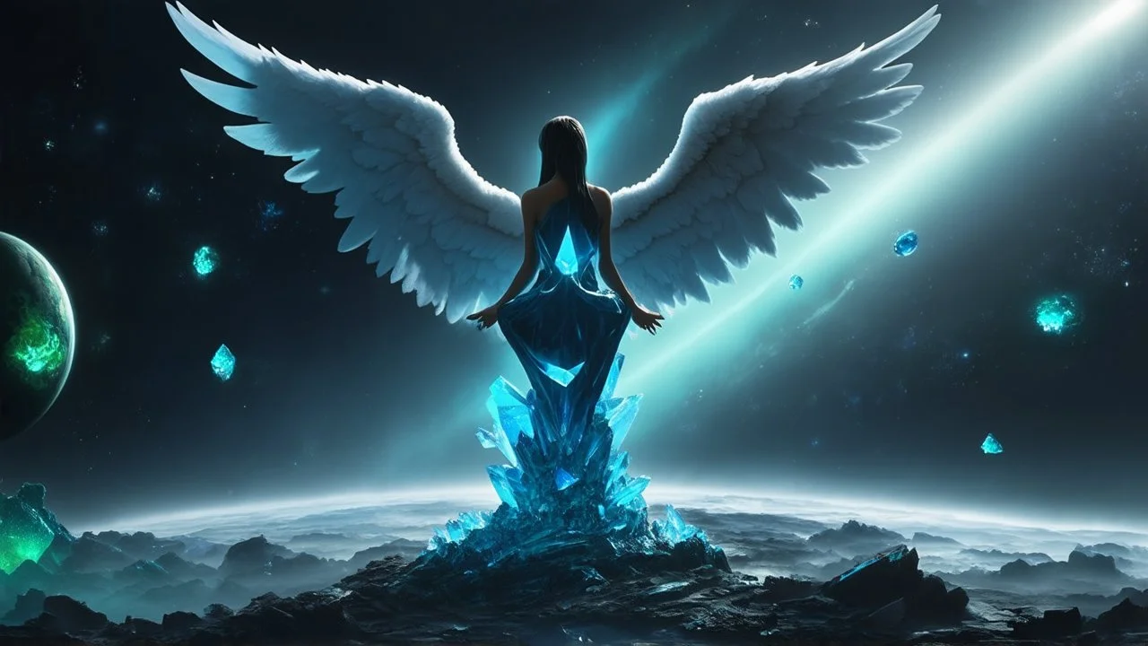 angel with a wings siting on the blue monolith made of blue tiberium crystals of lights, matrix universe, planets on the back grounds, green crystals of tiberium on the life and right