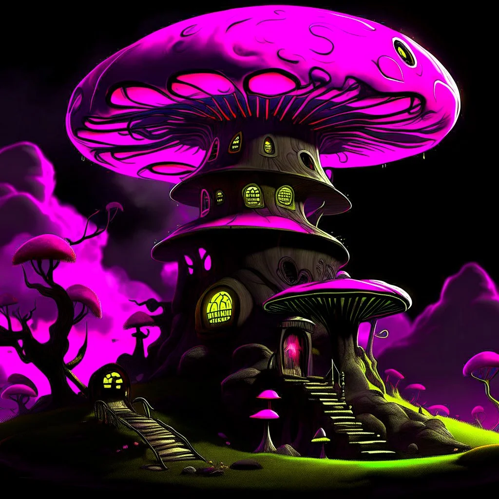 A fantabulous black, lime, and pink (((mushroom tower house))) erected atop a (geologic pillar), surrounded by the uncanny imaginative ((( swirling skies))), offset by the stark hues of a (neon-tinged nebulous space scape), within. captured by the hand a skilled master painter with a focus on (softly blurred compositions and voluminous lighting).