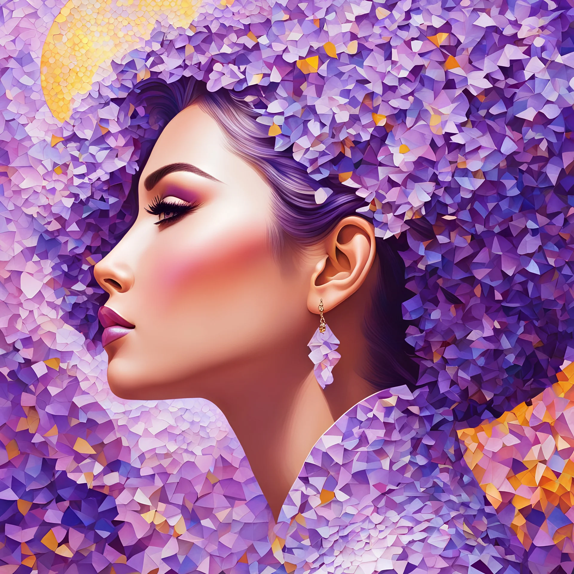 Mesmerizing beautiful woman+ profile+ ay artwork, lilac, cubism, art+ pointillism, sunny, soft and bright color+ amazing