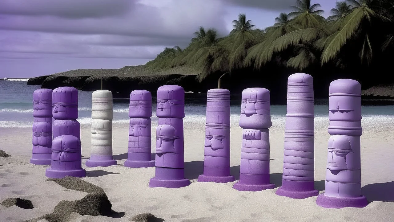 A grayish purple beach with Hawaiian tikis painted by Andy Warhol