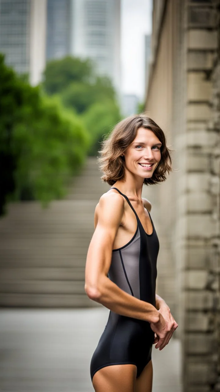 anorexic beautiful woman, age 21, total shot, short anthracite triathlon swimsuit, wavy bob haircut, surfer hair, blurred city background