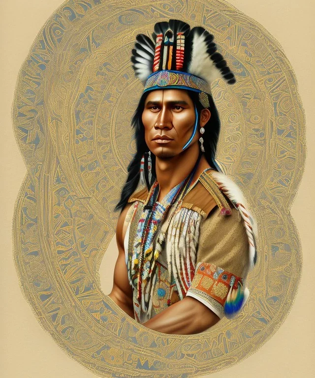 Athahualpa, native american warrior, long black hair, big muscles, pechera, big half circular from shoulder to chest fabric piece